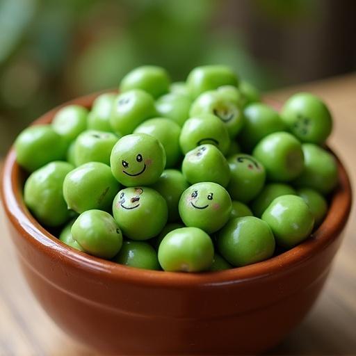 Bowl filled with green peas each showing a smiling face. The bowl appears wooden and the peas are vibrant green. The scene is cheerful and inviting with soft lighting.