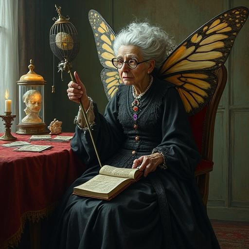 Dense digital painting of an elderly woman with four yellow eyes dressed in a Victorian gown. She has moth-like wings and is surrounded by bizarre objects. The environment features a cluttered study with eerie elements like a preserved fetus and a disembodied hand.