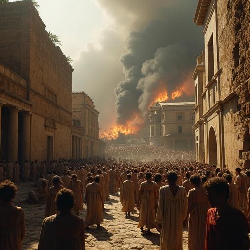 Hyperrealistic photograph in 1:1 square of Athens during the Plague in the Peloponnesian War. Crowded streets with sick figures in tattered chitons. Physicians navigating through. Funeral pyres smoke billowing. Abandoned Agora with scavenging dogs. Outside gates, refugees in squalor. Pericles on his deathbed surrounded by grieving citizens.