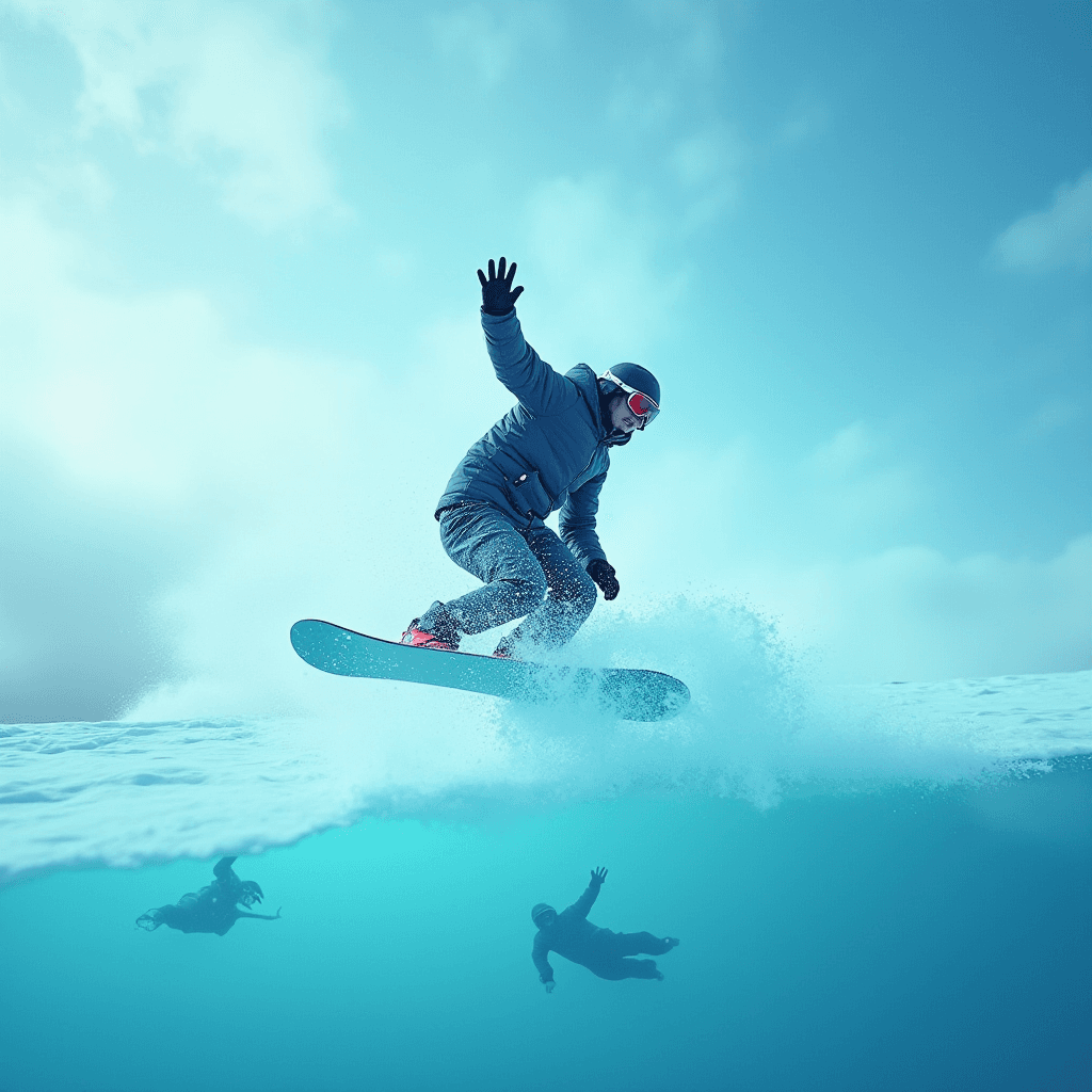 A snowboarder rides over a snowy surface that looks like ocean waves, with figures under an icy layer.