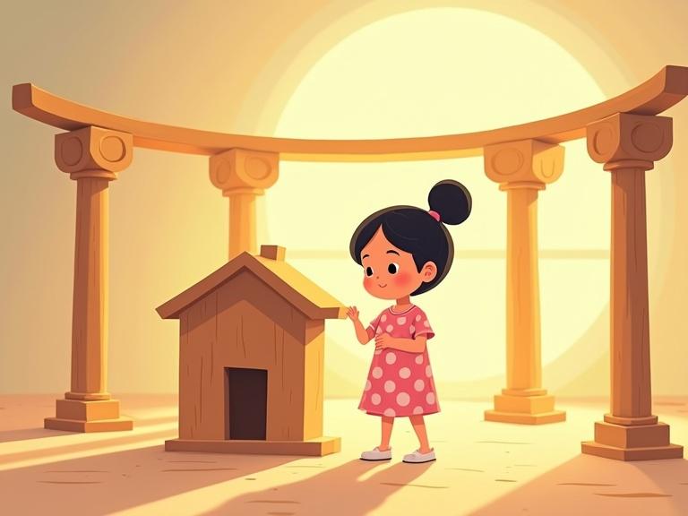 Soft digital illustration featuring a young girl Leila in a pink polka dot dress standing next to a circular wooden house with five pillars in a warm glowing light. Emphasis on peace and inner calmness with a dreamy background.