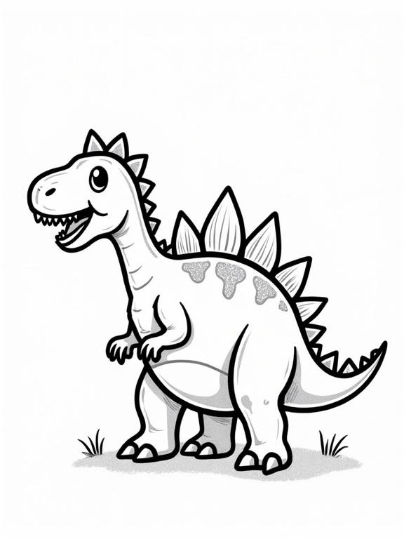 Cartoon drawing of a Stegosaurus for children to color. Dinosaur smiles with cartoonish features and spikes.