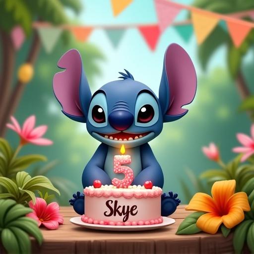 Stitch character celebrates birthday in tropical park. Birthday cake with number 5 candle. Name 'Skye' on cake. Surrounded by flowers and colorful flags.