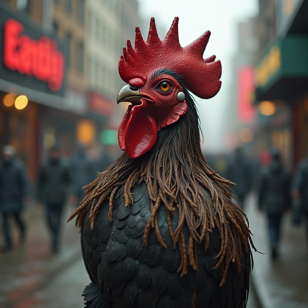 Humanoid rooster character standing in an urban street. Full human body with rooster head. Gangster style attire. Crowded street scene in the background.