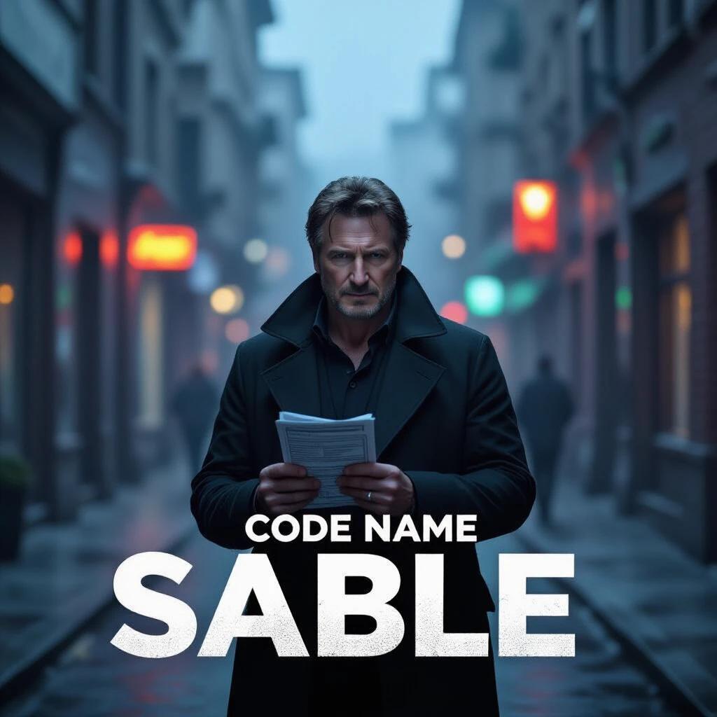 A former intelligence handler stands in a foggy alley. The figure holds a coded dossier tightly. Blurred city lights shine bright in the background. Rain creates a reflective quality on the ground. This scene conveys an atmosphere of mystery and tension.