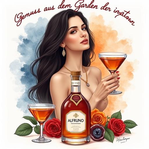 Stylized artistic illustration of a woman in mid-thirties. She has long dark hair and fair skin. Woman holds a cocktail glass of amber liqueur. She wears jewelry and has a serene expression. Background features watercolor splashes in shades of orange and blue. Below is an apothecary-style bottle labeled 'Alfruno.' Two cocktail glasses are visible along with decorative roses and green foliage. Above the woman is the text 'Genuss aus dem Garten der Natur' in warm red font.