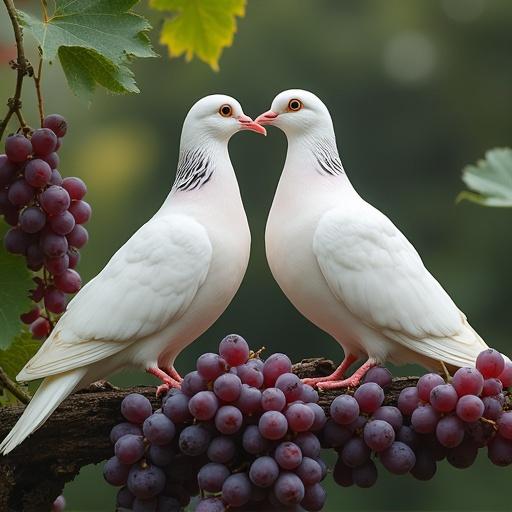 Two doves perched on a branch surrounded by grapes. The doves are white and appear affectionate. They are set against a blurred green background.