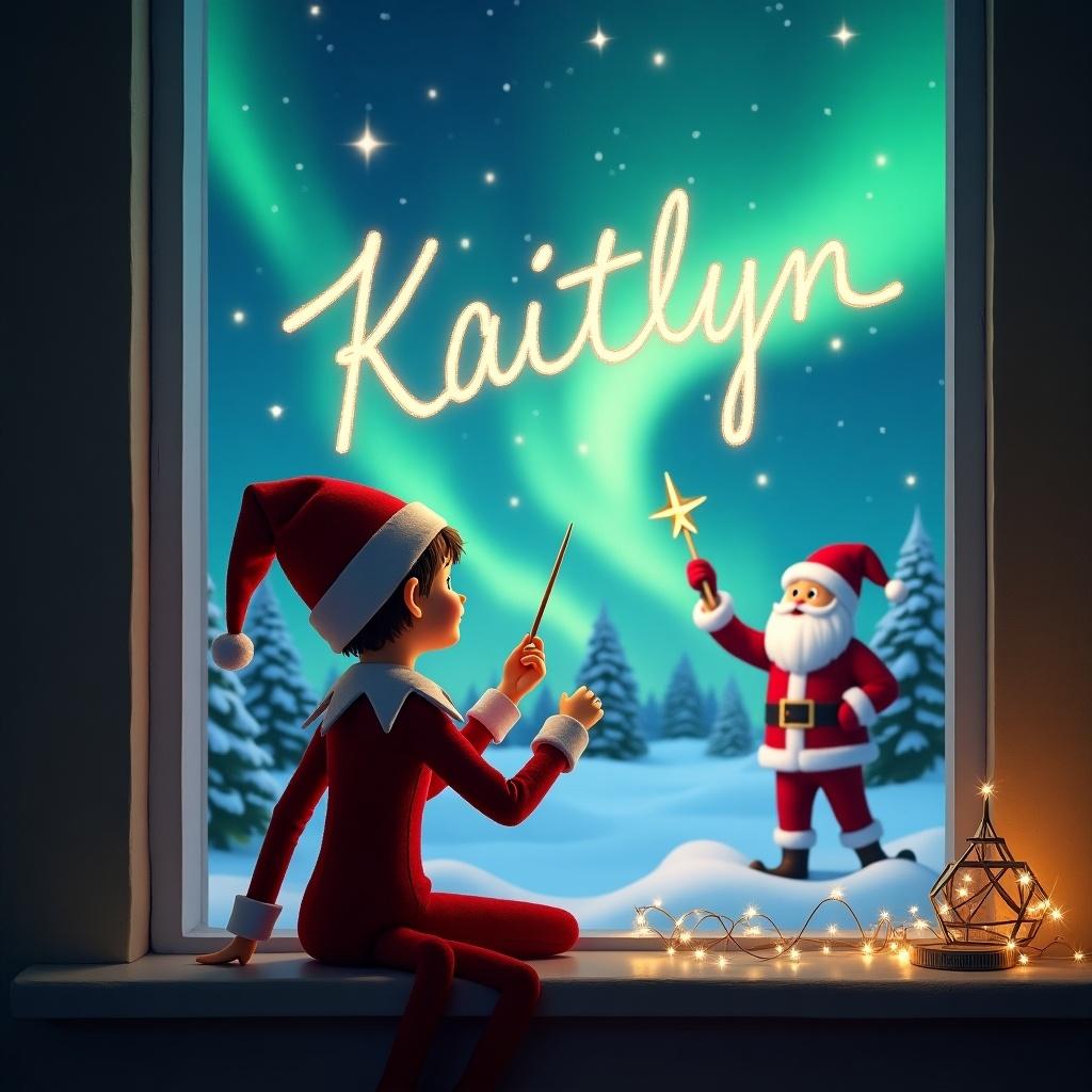 An enchanting Christmas scene featuring an Elf on the Shelf. The elf is depicted from the back, sitting by a window and facing a snowy landscape. They are using a magic wand to write the name 'Kaitlyn' in the sky with sparkling lights. In the background, Santa Claus waves cheerfully, surrounded by a magical night sky filled with vibrant northern lights. The atmosphere is warm and festive, evoking feelings of joy and wonder, perfect for the holiday season. The outside scene is illuminated by the colorful auroras, enhancing the magical experience.