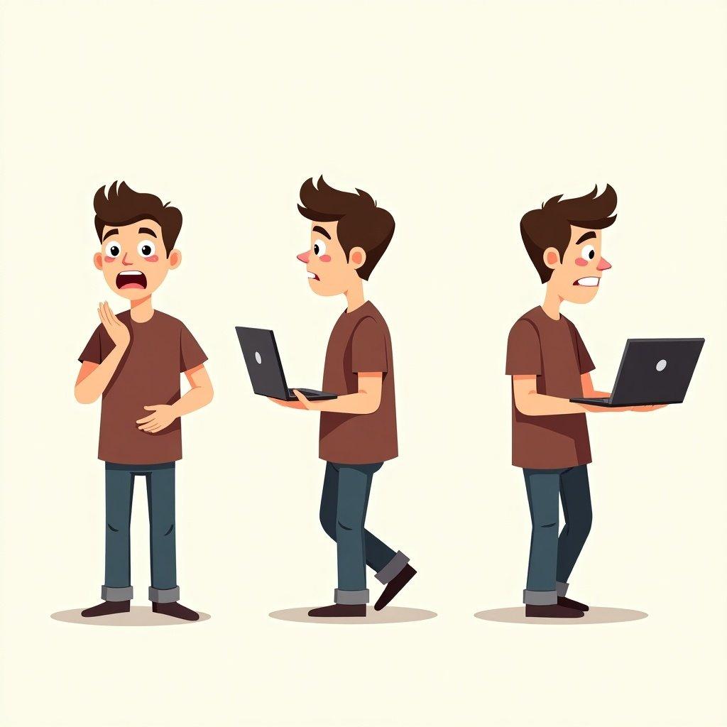 Illustration of a cartoon male character shown in three perspectives. Front, back, and side views are displayed. Character appears in various emotional states while holding a laptop. Cute design with clear facial expressions.