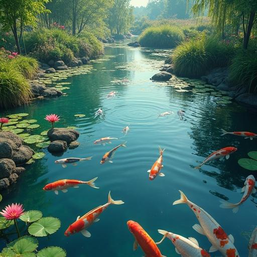 A serene lake surrounded by vibrant lotuses and water grass. Sunlight filters through leaves. Fifteen koi fish swim gracefully among rocks and roots beneath the surface. Capture with a Canon camera. Sharp focus with subtle bokeh. Style of renowned photographers emphasizing natural beauty.