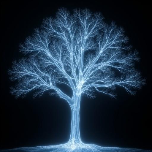 X-ray style illustration of a tree. Tree displayed with a glowing blue outline against a dark background. Emphasis on the structure and roots of the tree.