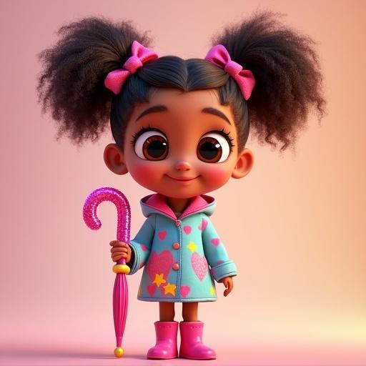 3D cartoon character of a little Brazilian girl named Gabellynha. She has big expressive eyes and warm brown skin. Curly dark brown hair styled in high ponytails with pink bows. Colorful raincoat with hearts and stars. Pink boots and sparkly umbrella. Joyful and curious expression. Pixar and anime style with soft lighting and pastel background.