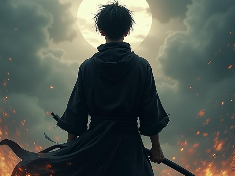 Dynamic full-body shot of a man in an action pose. Silhouette against a dramatic moonlit background. Character holds a sword. Dark, cinematic atmosphere with sparks in the background.