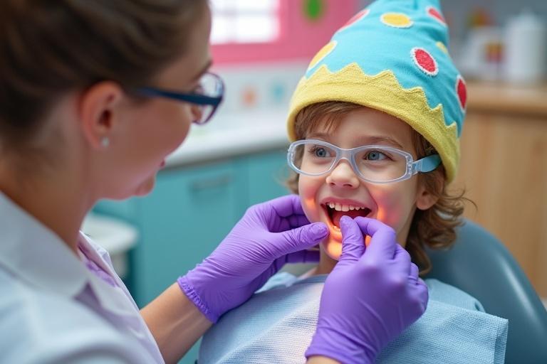 Smiling dentist performing tooth filling on child in vibrant clinic. Dentist wearing whimsical cap and purple gloves. Child wearing protective glasses. Playful backdrop.