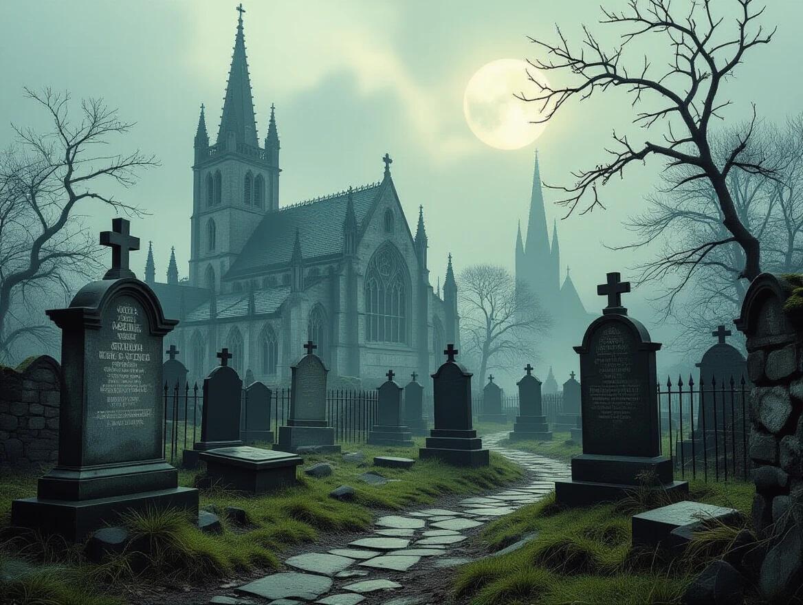 Gothic graveyard scene with gravestones and a cathedral. Baroque architecture is visible. Enhanced with moonlight in the background.