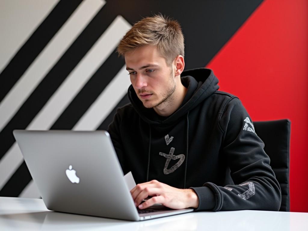 A person with short hair is sitting at a modern table, focusing intently on a laptop. The individual is wearing a black hoodie with abstract patterns, suggesting a casual and comfortable setting. The background features a sleek design with bold black and red diagonal lines, adding a dynamic and artistic feel. The overall composition conveys a sense of concentration and engagement in a digital task. The setting suggests a blend of modern technology and creative energy.