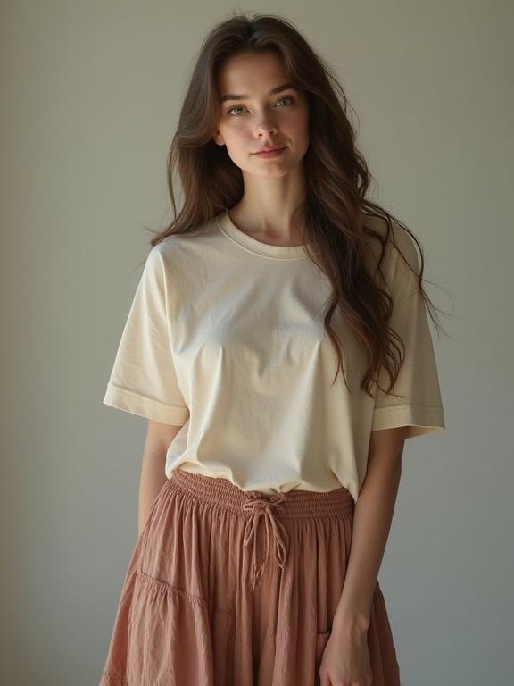 18 years old woman wearing a t-shirt and skirt, posing in a natural light setting with a beautiful face and soft features.