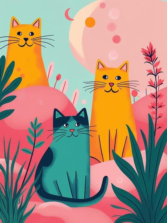 Digital collage inspired by Ettore Sottsass featuring vibrant cats and plants floating in pastel space. Bold outlines enhance their forms and unexpected shadows add depth.