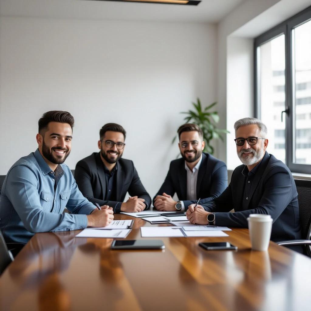 Realistic image depicts four Hispanic, Latin, Italian, and South American men in a well-lit minimalist conference room. Ages 30, 40, 40, and 50. A table with documents, a laptop, smartphone and pens in front. Men appear relaxed and engaged while looking at one another. Background includes a door and wooden bookshelf with books and files. All are wearing clean, high-quality casual attire. High-quality, no strange or incomplete elements.