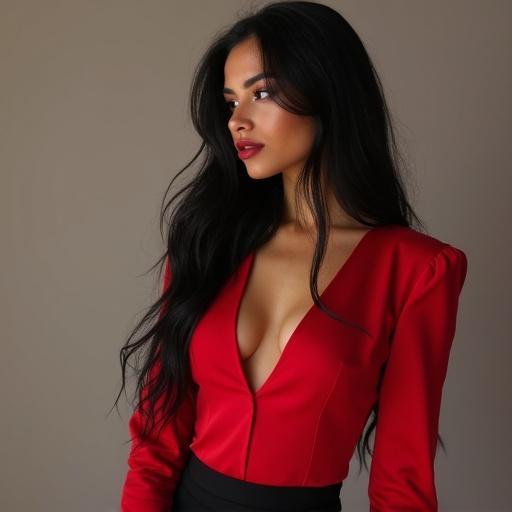 Fair skinned young woman with black hair wearing a red top and black pants. She has a stylish look. The setting has a plain background focusing on her outfit.