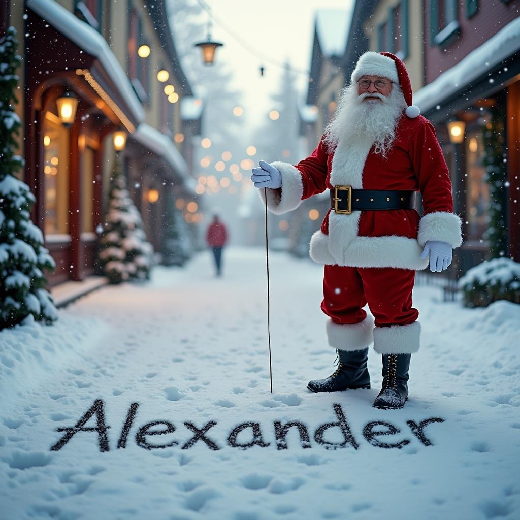 Santa Claus writes the name 'Alexander' in fresh snow. He wears traditional red and white attire with a black belt and boots. The street is snowy and framed by charming buildings. Soft winter light creates a warm glow. The scene is cheerful and festive, ideal for the holiday season.