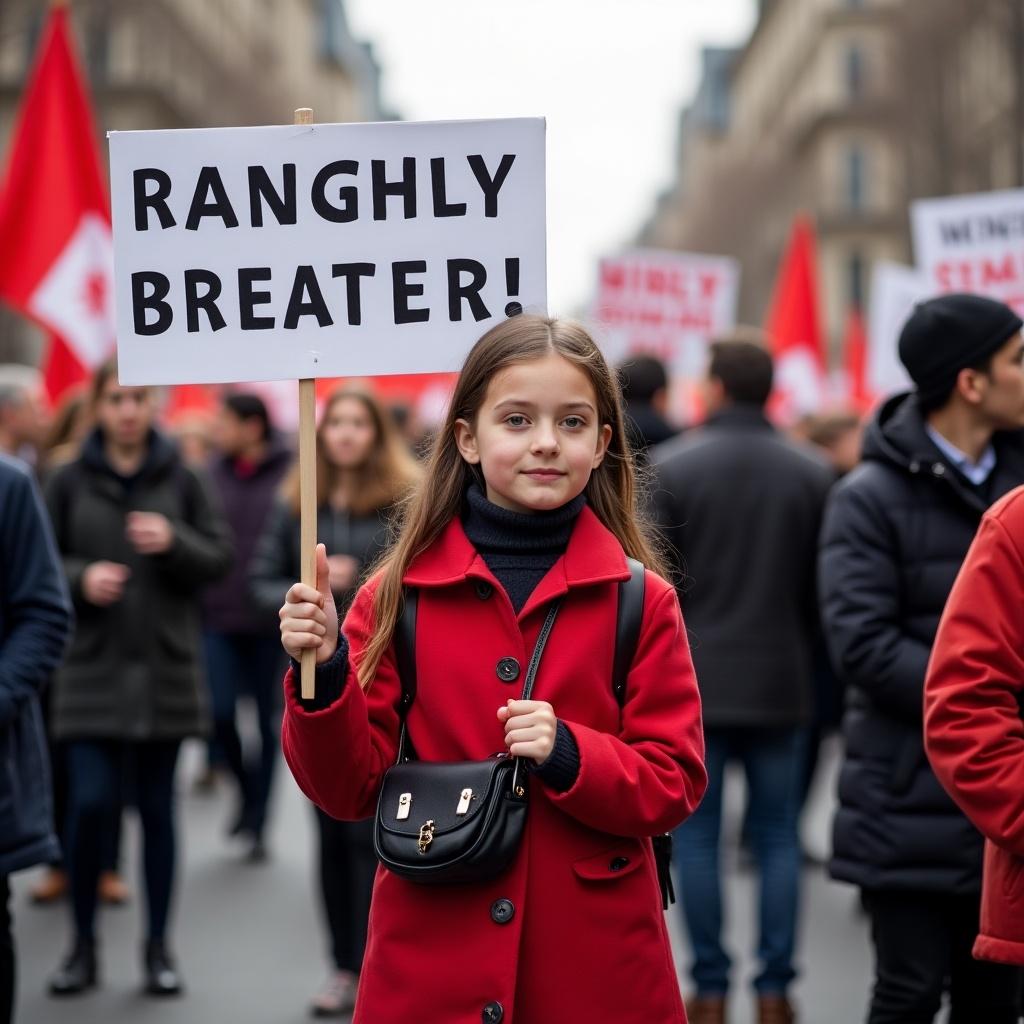 The image shows a young girl participating in a protest. She is wearing a red coat and is holding a large sign that says "Ranghly Breater!". The background is filled with adults carrying red flags. The atmosphere suggests a peaceful demonstration. The girl's expression is determined, symbolizing youth involvement in activism. The color scheme of red and black is prominent in her outfit and the signs held by the crowd, reflecting a strong message of solidarity.