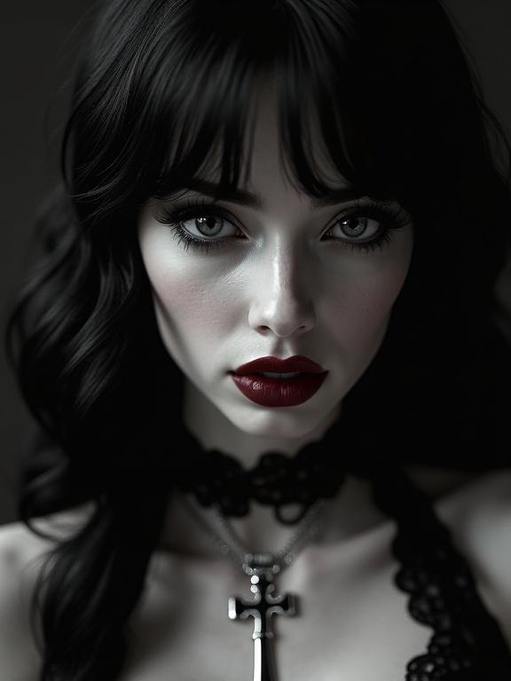 Close-up of a Gothic woman with dark red lips and black hair. Eyes are intense and dangerous. Scene evokes mystery. Shaded in black and white with bright highlights and deep shadows. Necklace with cross pendant visible under lace collar.