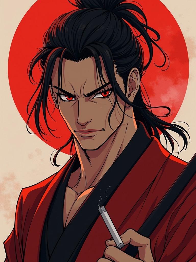 Character wearing traditional Japanese red attire with defined muscles. Character has striking red eyes and holds a cigarette. Strong masculine presence and confident stance.