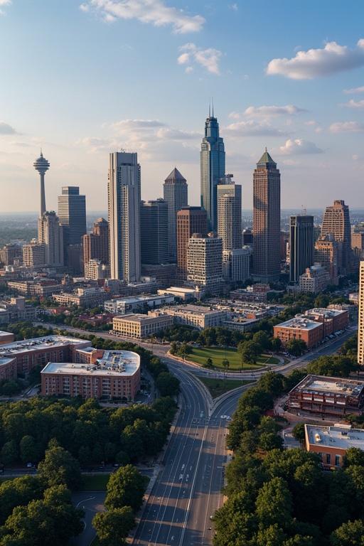 Aerial view of a city with many tall skyscrapers and green parks. The scene is bright with blue sky and clouds. Roads are visible in the foreground.