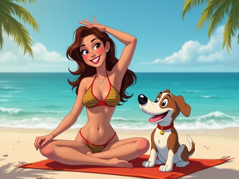 A woman sits on a beach mat in a bikini practicing yoga with a dog beside her. The ocean waves gently crash in the background. Palm trees sway in the breeze under a vibrant sky.