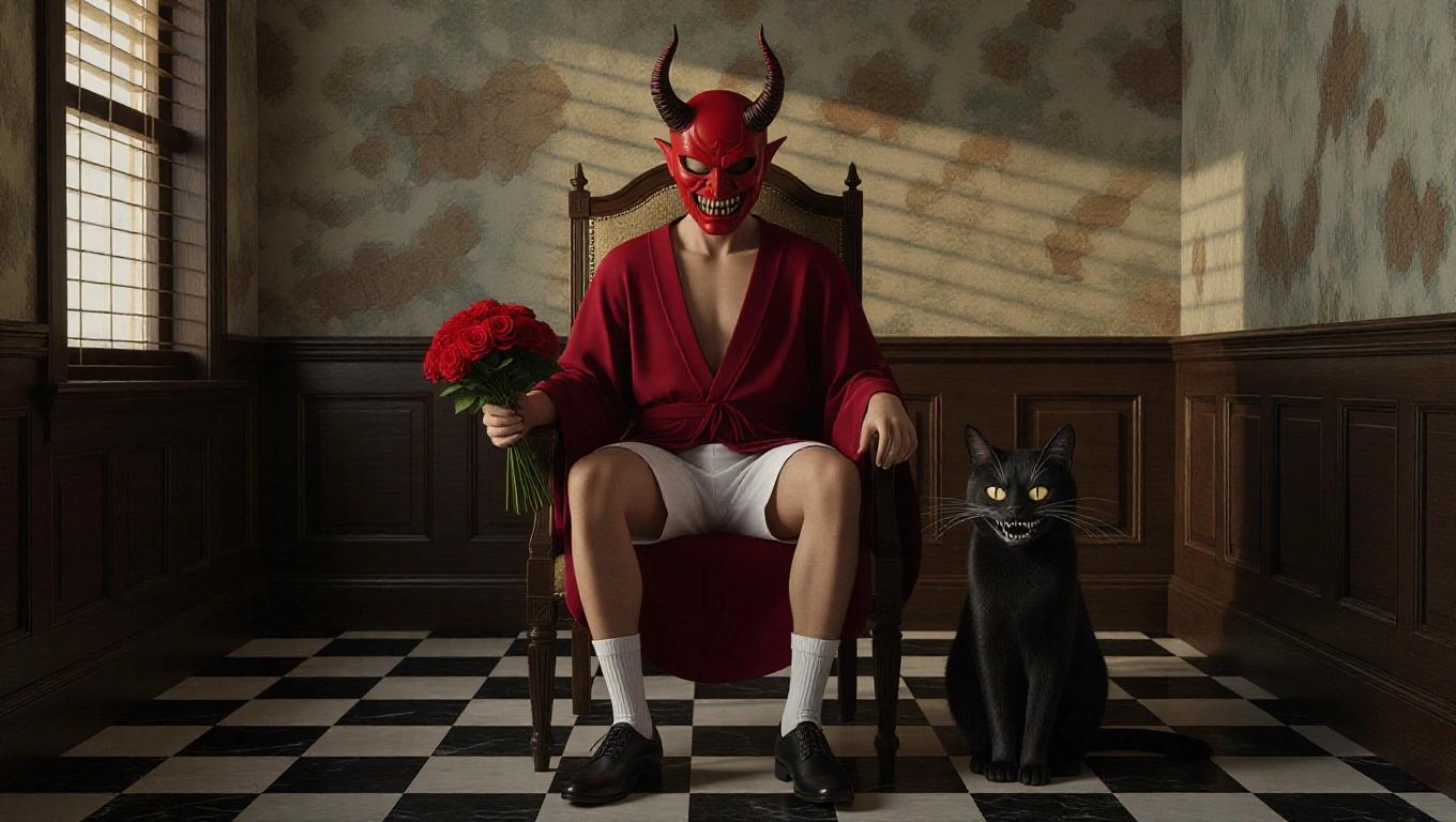 Hyperrealistic illustration set in a dimly lit vintage room. The room features peeling wallpaper and checkered floors. A humanoid figure sits in an old wooden chair. The figure wears a red devil mask with long horns and a burgundy robe. White shorts and black shoes with white socks are worn. The figure holds red roses. A black cat with a wide grin sits beside the figure. The lighting casts soft shadows creating an eerie atmosphere. Pale daylight filters through window blinds. A crooked chalkboard has strange tally marks and cryptic symbols in the background.