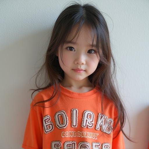 Full body image of a Japanese girl wearing an orange shirt and denim hot pants. Girl has long hair. Background is plain and simple.