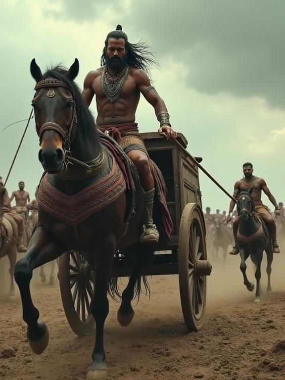 Karna rides a horse pulling a chariot in a muddy battlefield. He struggles to lift a sinking wheel. Veins are visible, armor is dirty. The sky is grey and ominous. Karna shouts towards the heavens in despair. Arjuna stands hesitantly in the background. A haunting flute note plays.