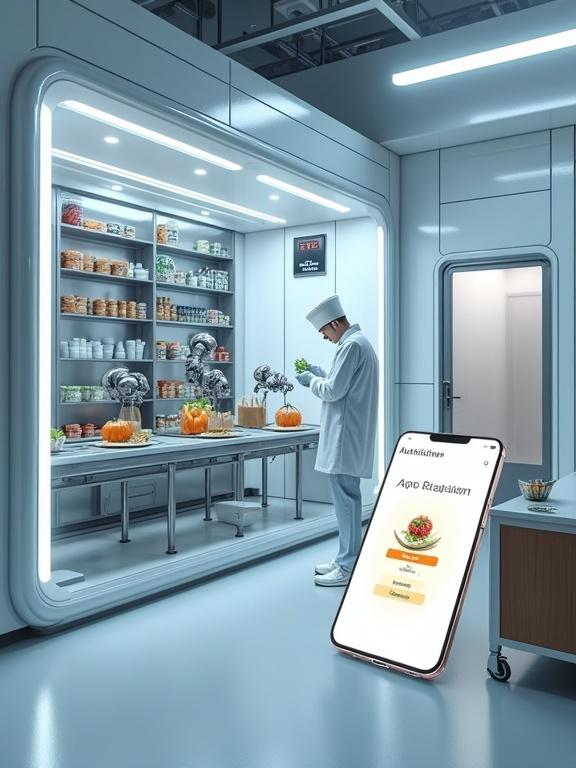 Futuristic automated kitchen system in a clean high-tech room. Wall-mounted machine with metallic arms sorts ingredients. Conveyor belt receives grocery bags from outside. Robotic arms prepare dishes. Touchscreen control panel glows. Brightly lit, sterile fusion of kitchen and laboratory. Smartphone displays AutoKitchen app with cook, snacks, refrigerator buttons. Clean hyper-detailed style with realism and light sci-fi aesthetics.