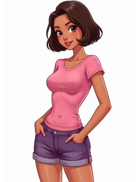 Young female in a pink top and purple shorts stands confidently. Character features a bob hairstyle with a relaxed pose. Bright white background enhances the character's colors.