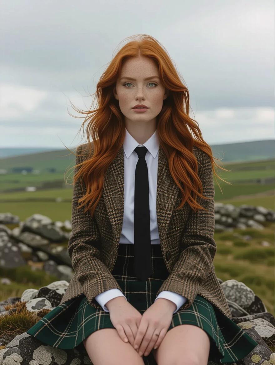 Young woman sits on a rocky outcrop in the countryside. She has long wavy ginger hair and wears a tweed blazer over a white shirt and black tie. A kilt adds to her outfit. The wind creates movement in the kilt and tie. Her hands rest on her knees, showing well-groomed nails. Green meadows and rocks are in the background. A cloudy sky sets the scene with chiaroscuro lighting and a graphite texture.
