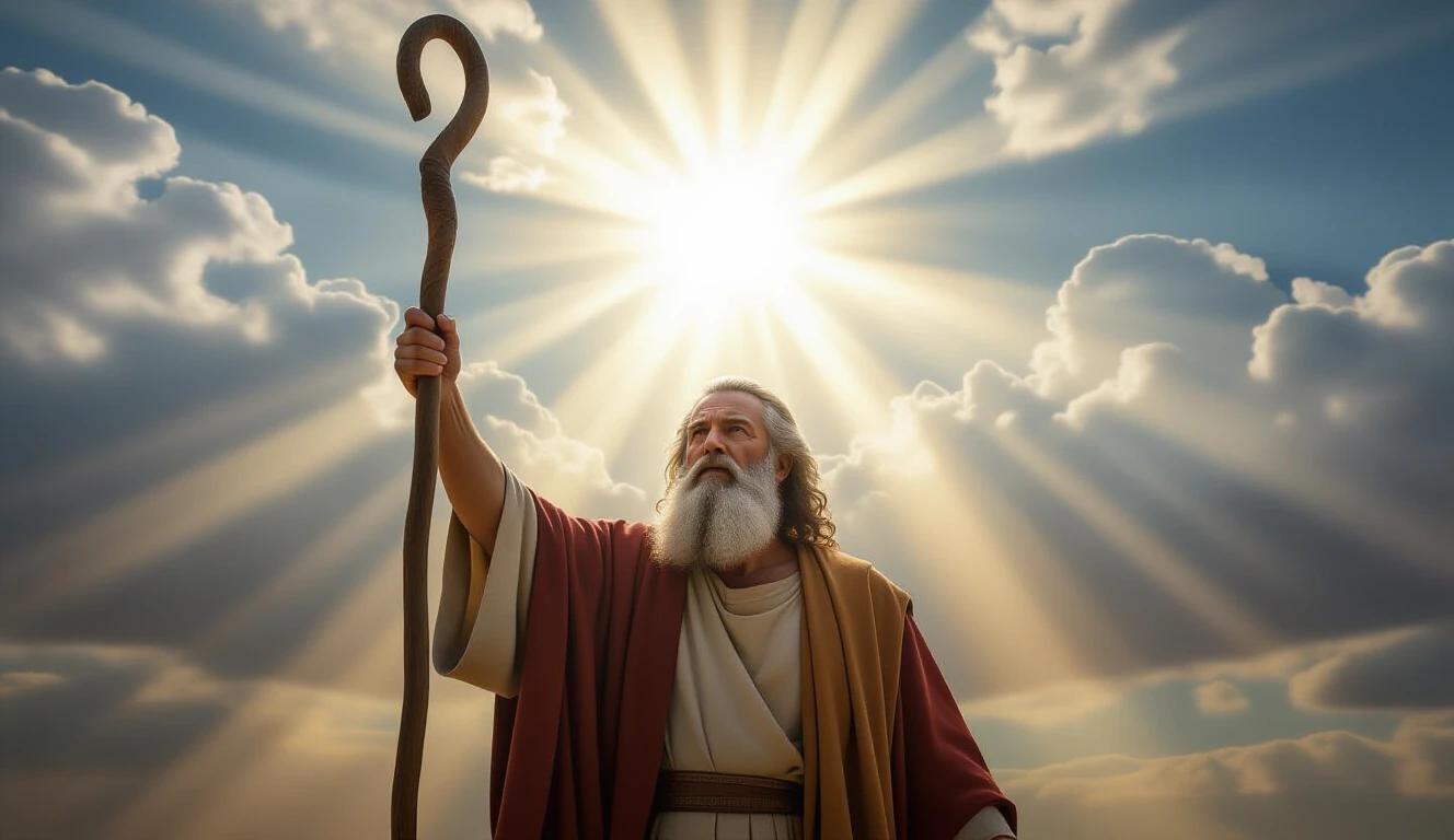 Moses stands tall and raised his staff. Bright light beams radiate from the clouds. The scene portrays a sky with fast-moving clouds. The expression on Moses shows determination. The image is vertical and captures him centered in the frame.