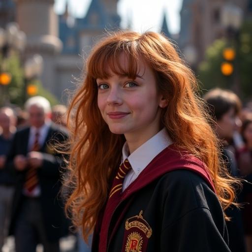 Girl in wizarding outfit smiles at Magic Kingdom. Long wavy red hair. Crowded background with theme park elements.
