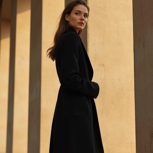 Woman in black coat stands elegantly by textured beige walls under soft warm light