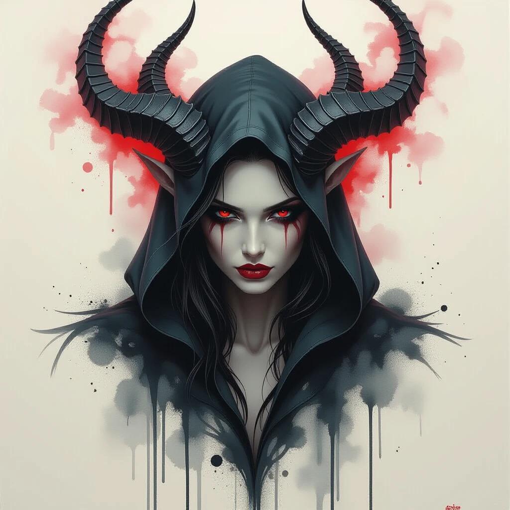 Dark fantasy oil painting features a hooded figure with prominent horns. The artwork uses black red and white colors. The style is gritty and complex.