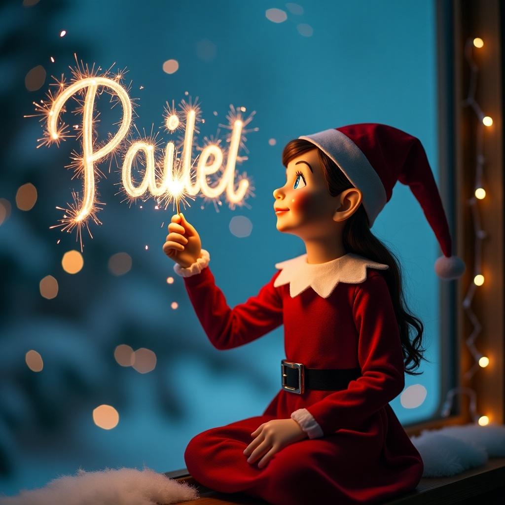 A cheerful female elf on the shelf is writing the name 'Paisley' in the night sky using a sparkler. She is dressed in a festive red dress and a matching festive hat. The background depicts a cozy North Pole environment, with soft snow visible through a window. The scene is illuminated with warm lights, creating a magical holiday atmosphere. The elf's expression radiates joy and wonder, perfect for capturing the spirit of Christmas.