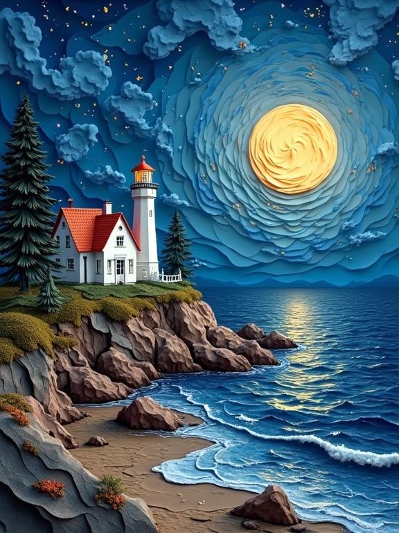 Decorative origami-inspired artwork featuring a lighthouse and ocean scene. Full moon shines over textured rocky shore. Soft glowing light and dramatic colors. High detail and photorealistic texture.