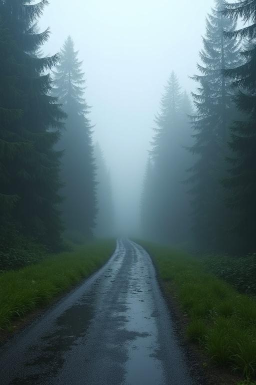 Hyper-realistic photograph of a narrow wet forest path. Path disappears into dense fog. Surrounded by tall pine and fir trees. Path reflects recent rain. Bordered by lush green grass. Scene shrouded in thick mist. Soft moody atmosphere. Natural diffused lighting. Cool subdued colors. No people animals or structures. Perspective shows path leading into fog.