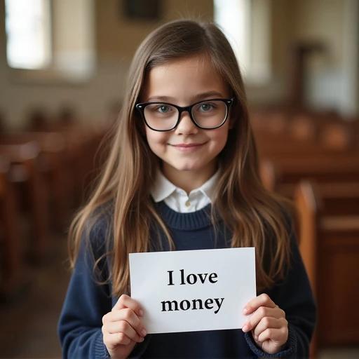 A girl with brown hair wears a school uniform and black-rimmed glasses. She holds a paper that says I love money. The setting is a church.