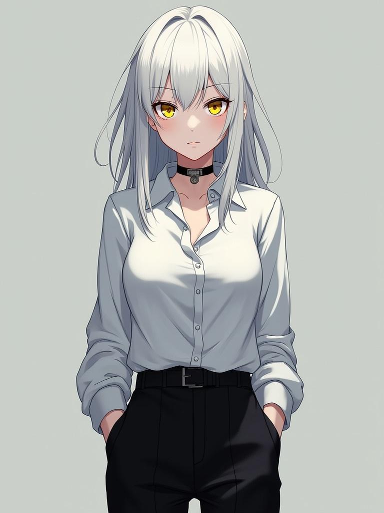 Character has white hair and yellow eyes. Female character appears serious. Wears a white shirt with undone top buttons and black pants. She stands with hands in pockets. Inspiration from Arcane art style.