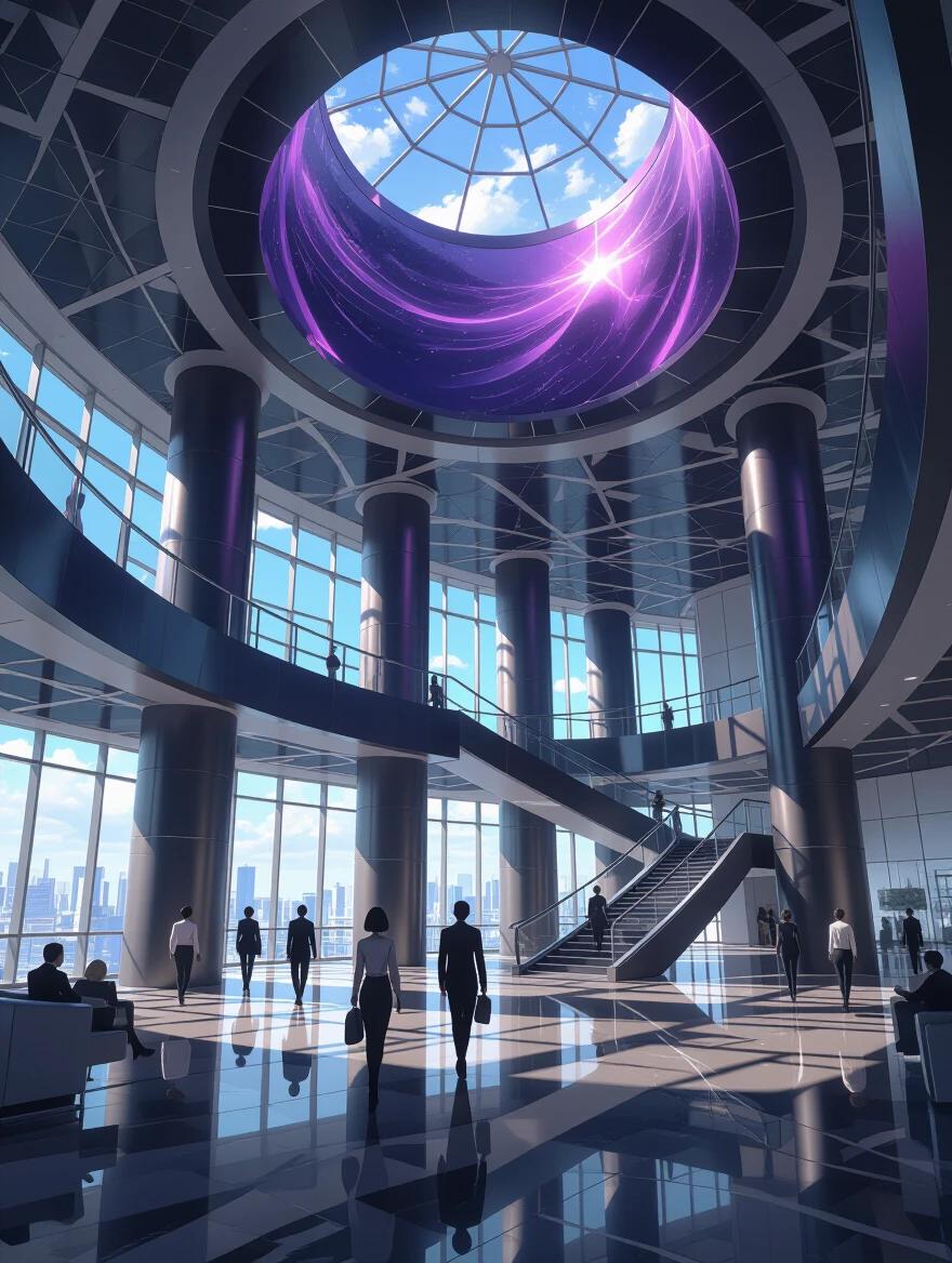 Inside large lobby of black hole society building in Rio De Janeiro. Bright morning with amethyst purple and black decor. Tall pillars and wide staircase. Employees in edgy attire walking through space. Major modern architectural features. Bright spherical display showing sky.