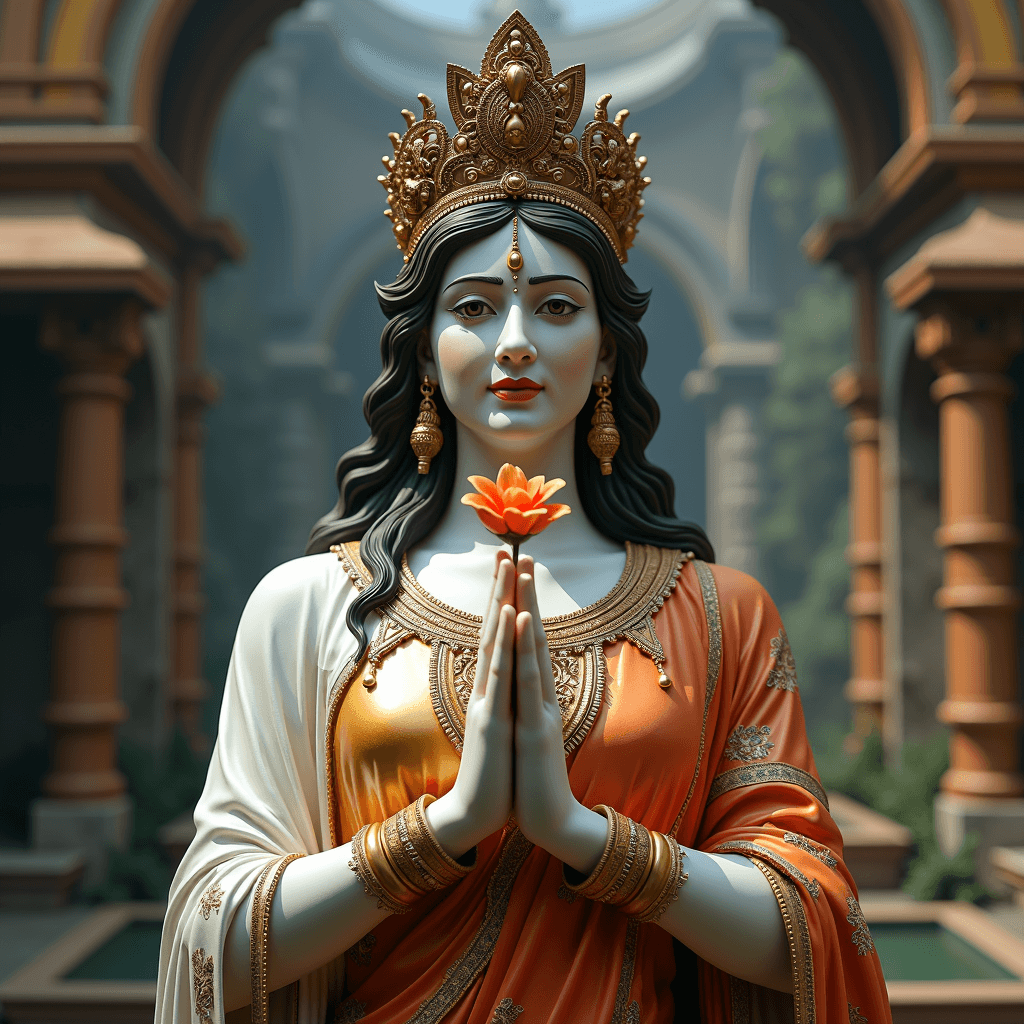 A graceful deity adorned in orange and gold, holding a lotus flower in a serene courtyard.