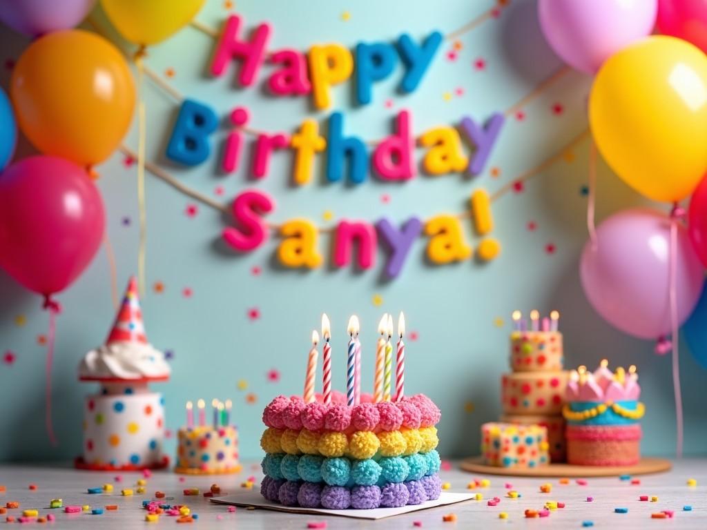 A vibrant birthday setup featuring a colorful cake topped with candles. The background has cheerful balloons and a playful banner reading 'Happy Birthday Sanya!' Decorations like confetti and cute party items are scattered throughout. The scene radiates joy and celebration. Perfect for a children's birthday party, emphasizing fun colors and a festive atmosphere. Guests are sure to feel delighted in this joyful setting.