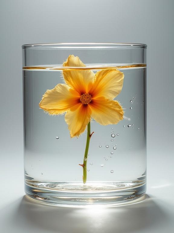 Hyper-realistic product photography with a focus on transparency and detail. A bright yellow flower in water, emphasizing minimalism. Glass plate with gentle drops and pipettes. Soft gradient background from light to dark gray. A scientific and clean style for showcasing natural elements.