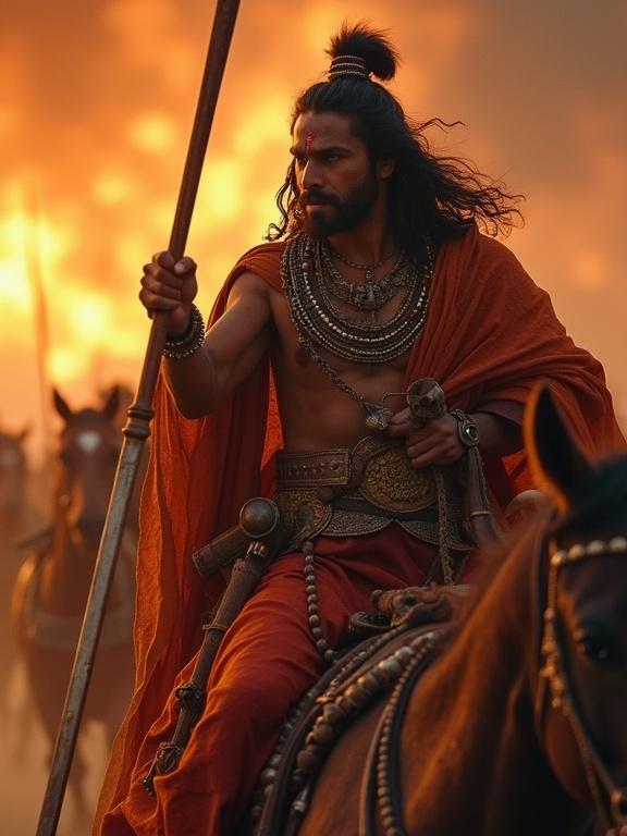 Karna in a chariot with a spear. The background features a fiery sky with restless horses. Emphasis on his emotional resoluteness. The image showcases dramatic action and ambiance.